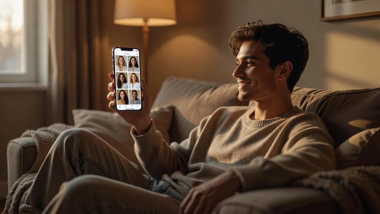 ソファでスマートフォンを持ち、プロ品質に見えるAIポートレートを見て微笑む人物