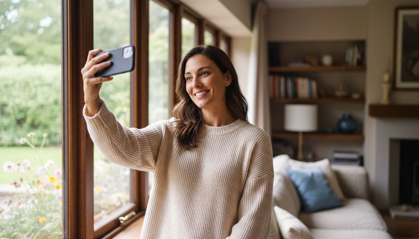 Woman taking a selfie near a bright window, an example of how to fix bad lighting in photos using soft natural light