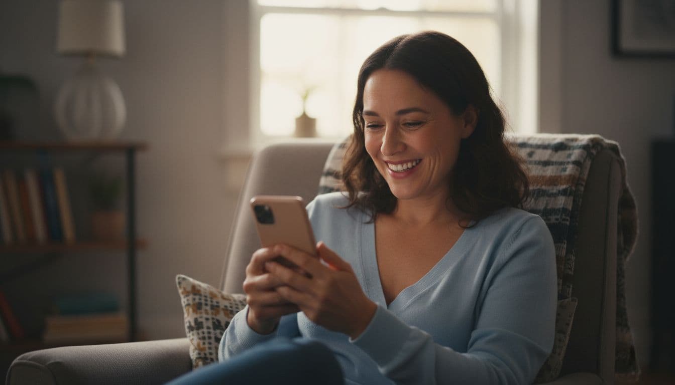 Person at home reviewing a photo on a smartphone after fixing the lighting in the room
