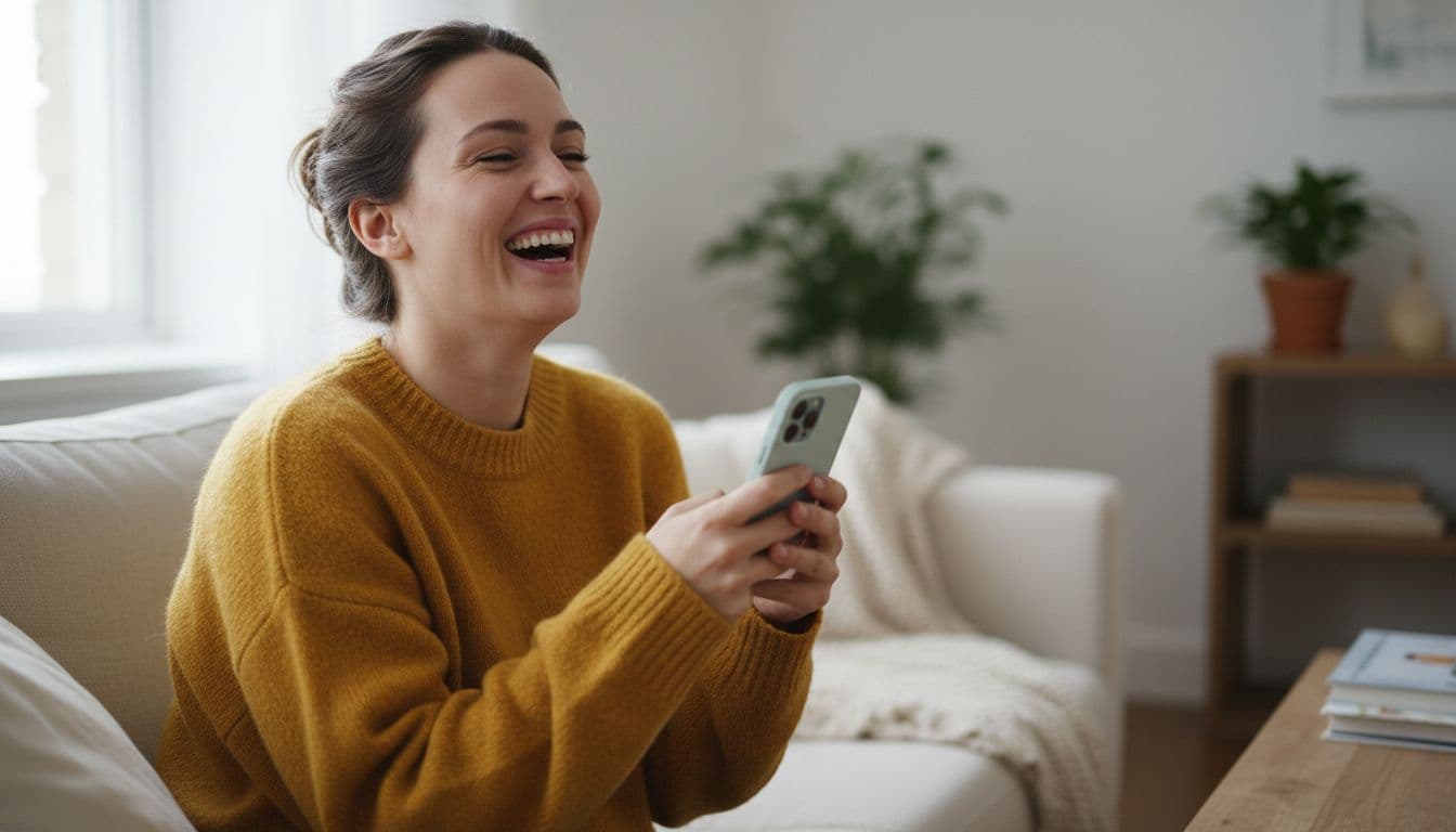 Person laughing candidly at their phone, a genuine natural smile caught in an unposed moment