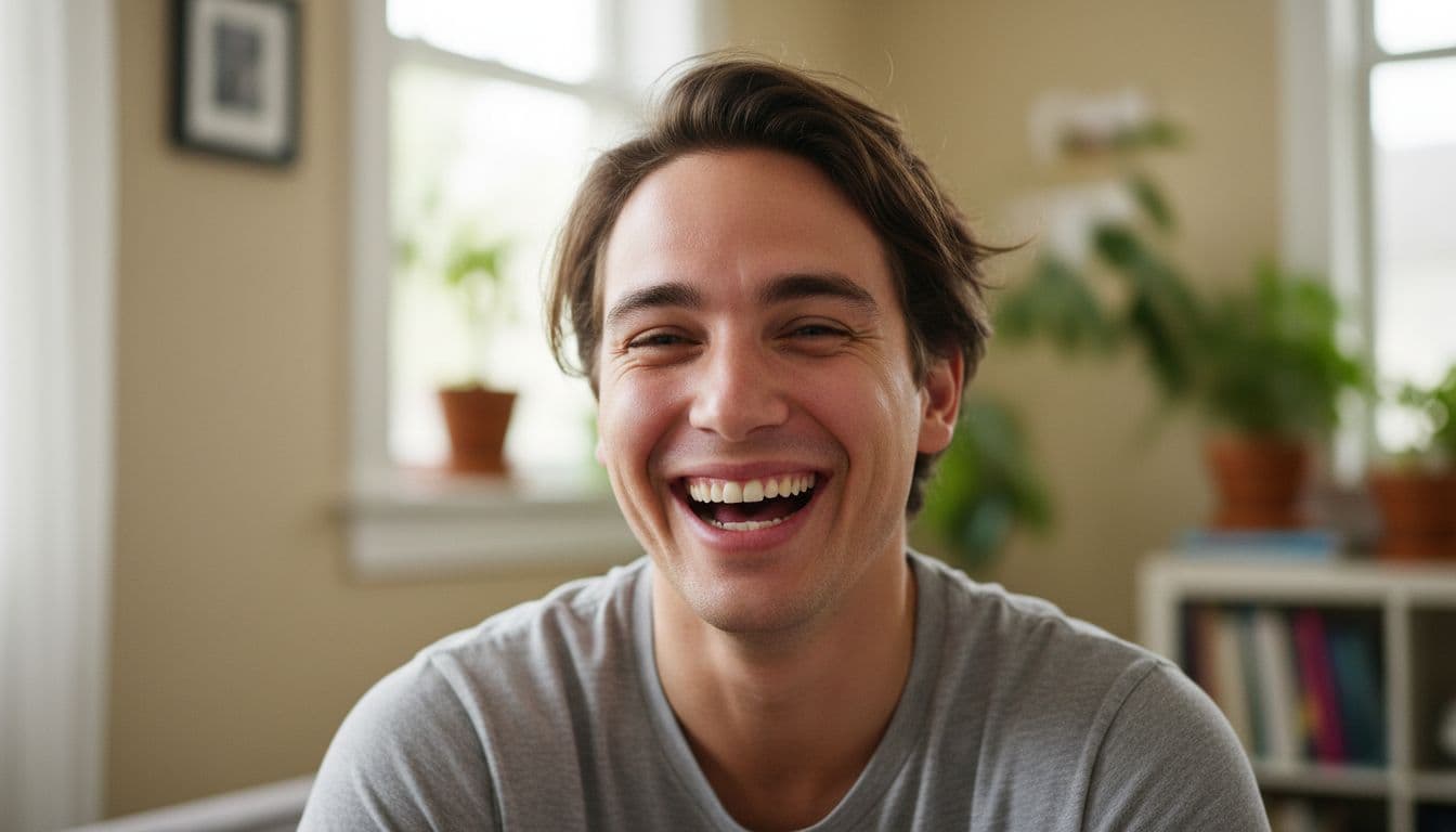 Person learning how to smile naturally in photos, laughing genuinely with eyes crinkled in natural light