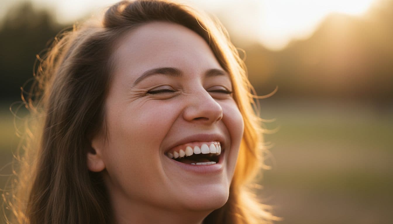 Person genuinely laughing outdoors with eyes crinkled in a natural, unposed smile