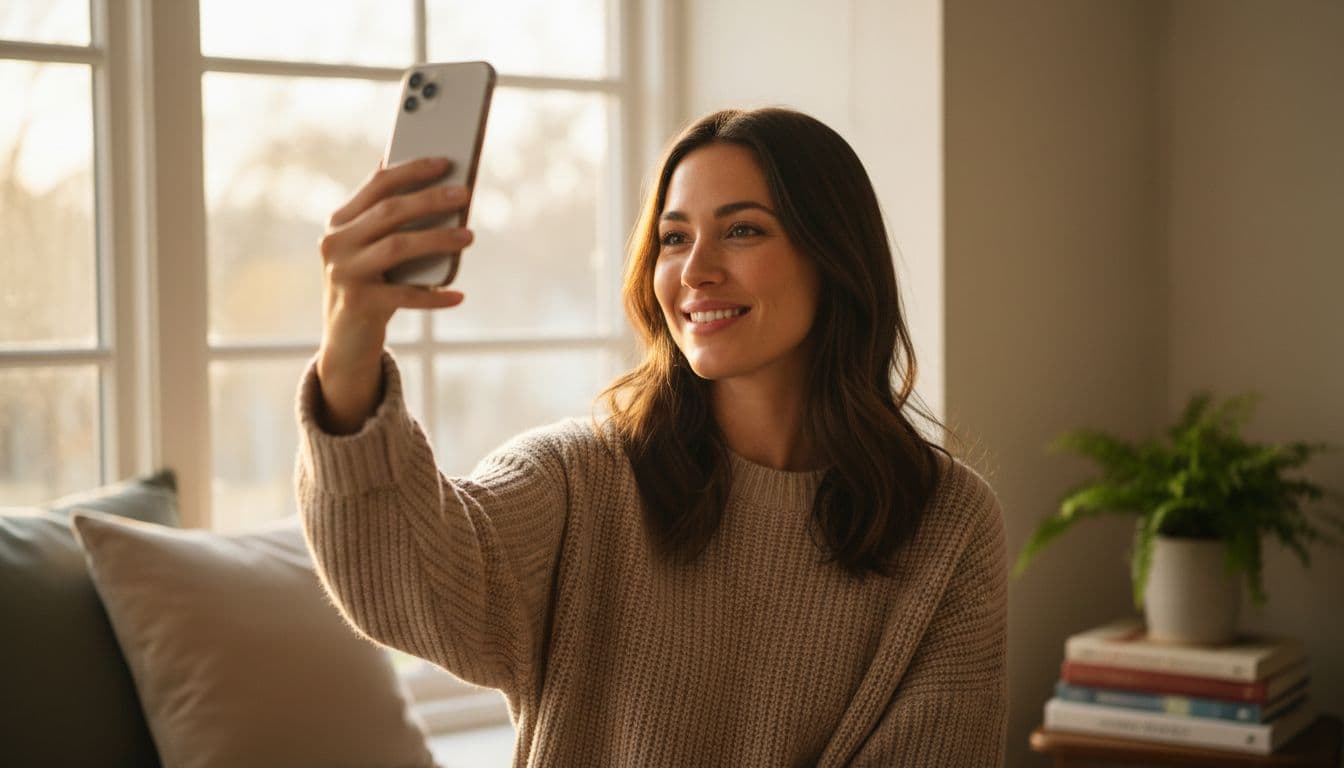 Person taking a relaxed natural selfie by a window with soft, warm expression