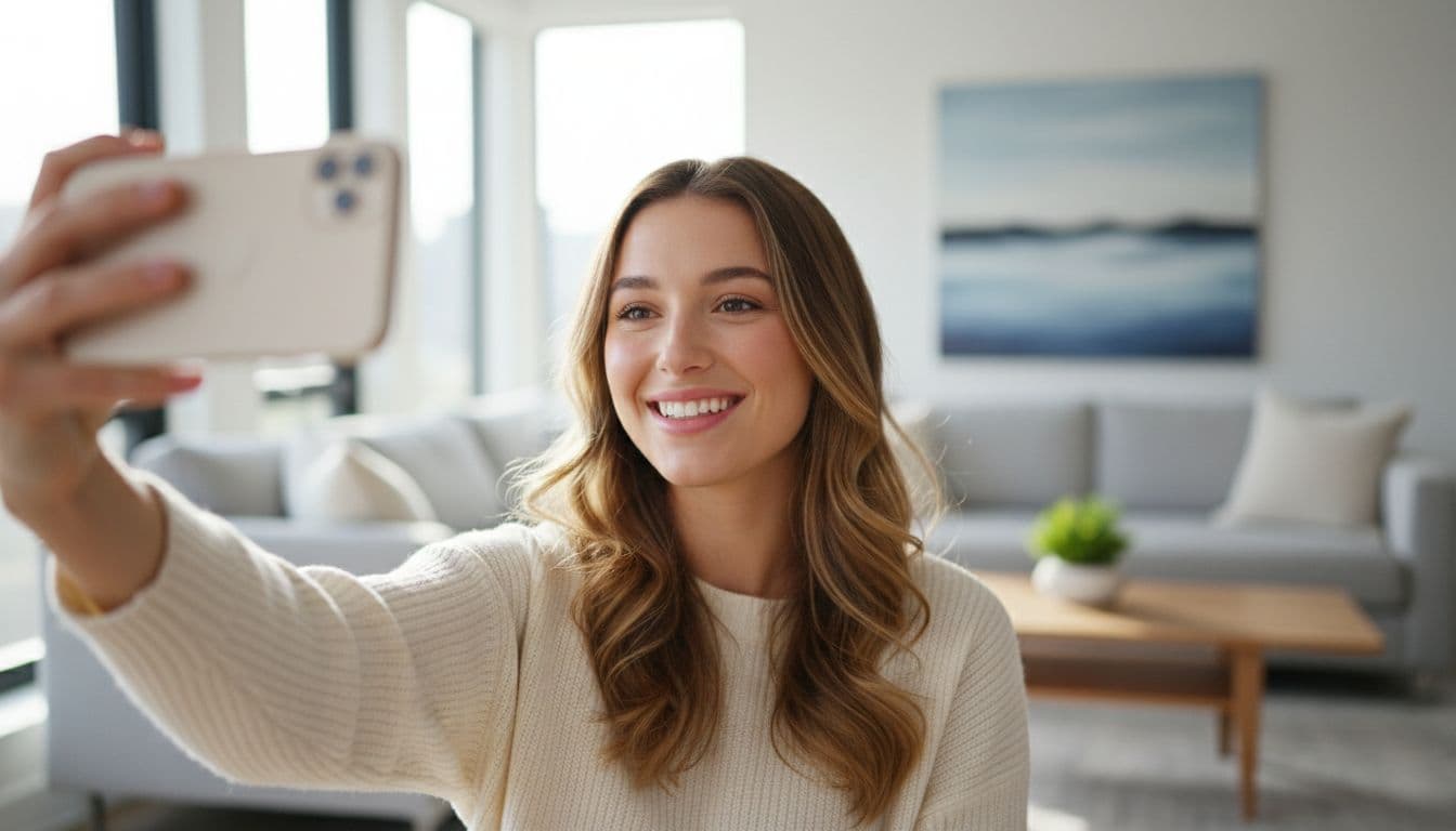 柔らかな自然光の中、自宅で新しいインスタのプロフィール写真のアイデアのためにセルフィーを撮る笑顔の人物