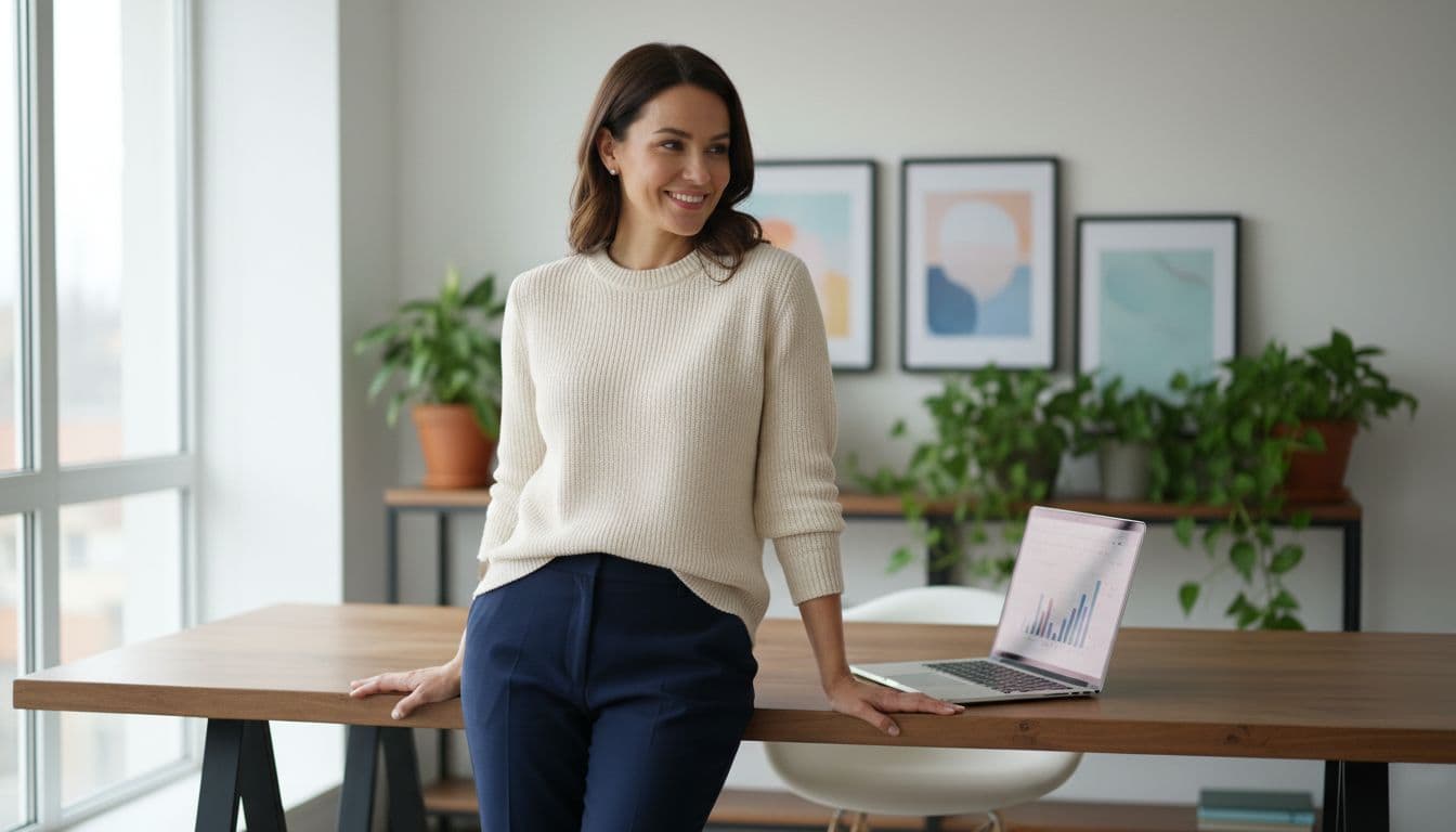 Selbstbewusste Person betrachtet ihr neues KI-Profilbild auf LinkedIn auf einem Laptop im hellen Homeoffice