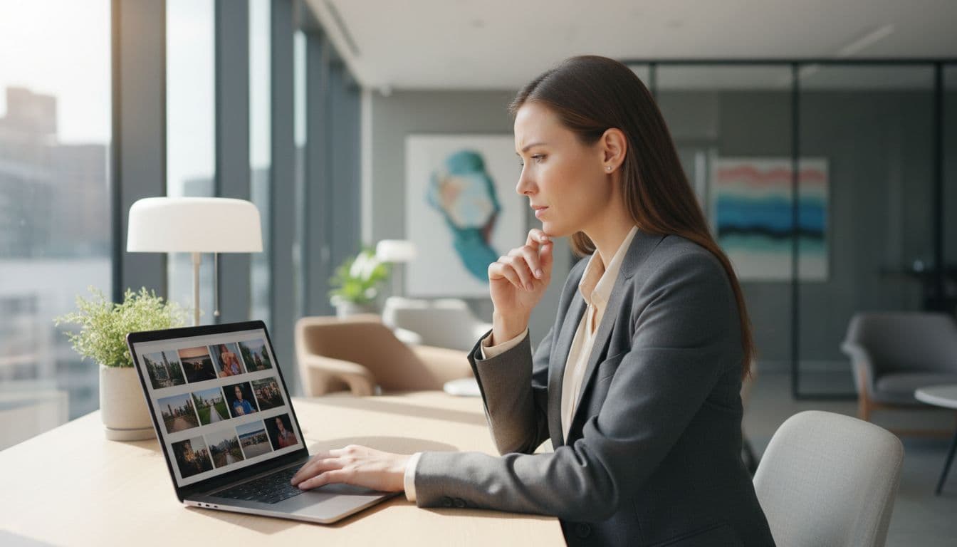 Recruiterin prüft das Profil und Foto einer Bewerberin im LinkedIn-Stil auf einem Laptop am Schreibtisch