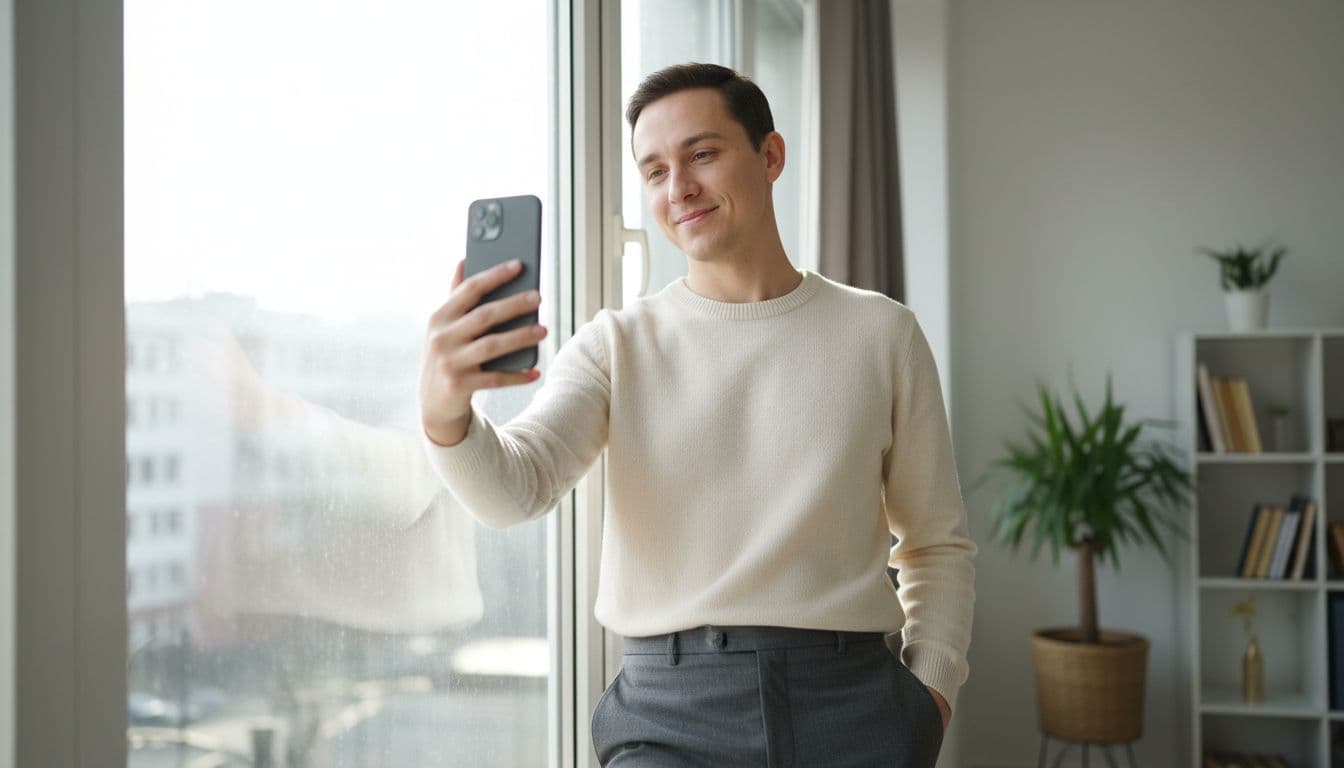 Person macht ein natürliches Selfie am hellen Fenster als Ausgangsfoto für ein KI-Profilbild auf LinkedIn