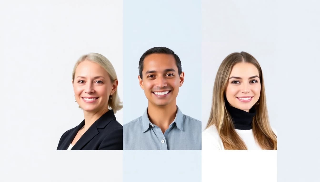 Three professional headshots showing different clean background color options