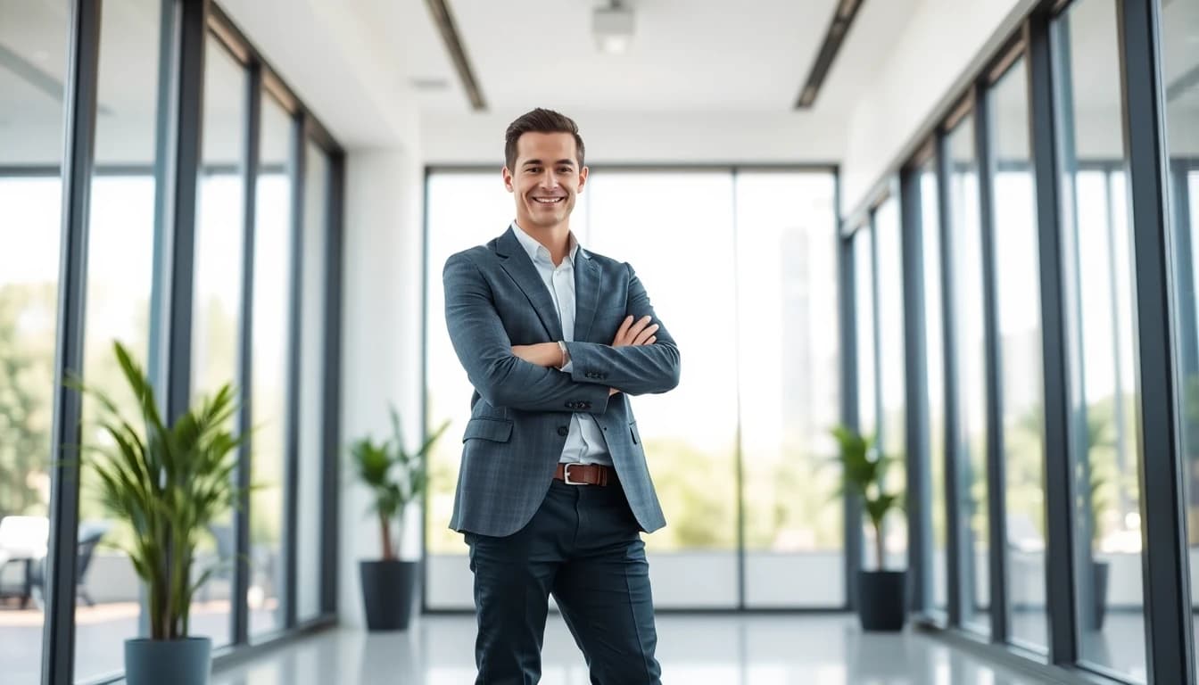 Professional in smart business casual attire in modern office setting