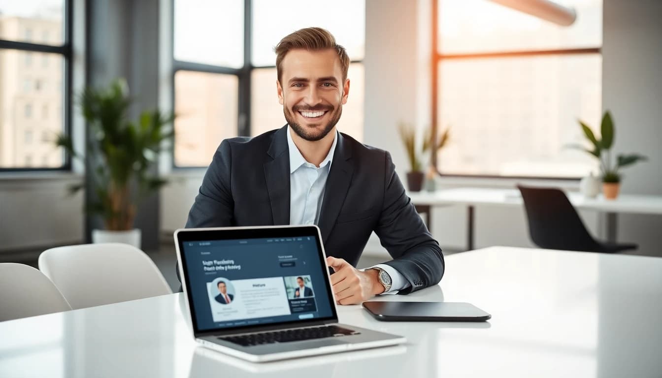 Professional business person in modern office with laptop showing LinkedIn profile