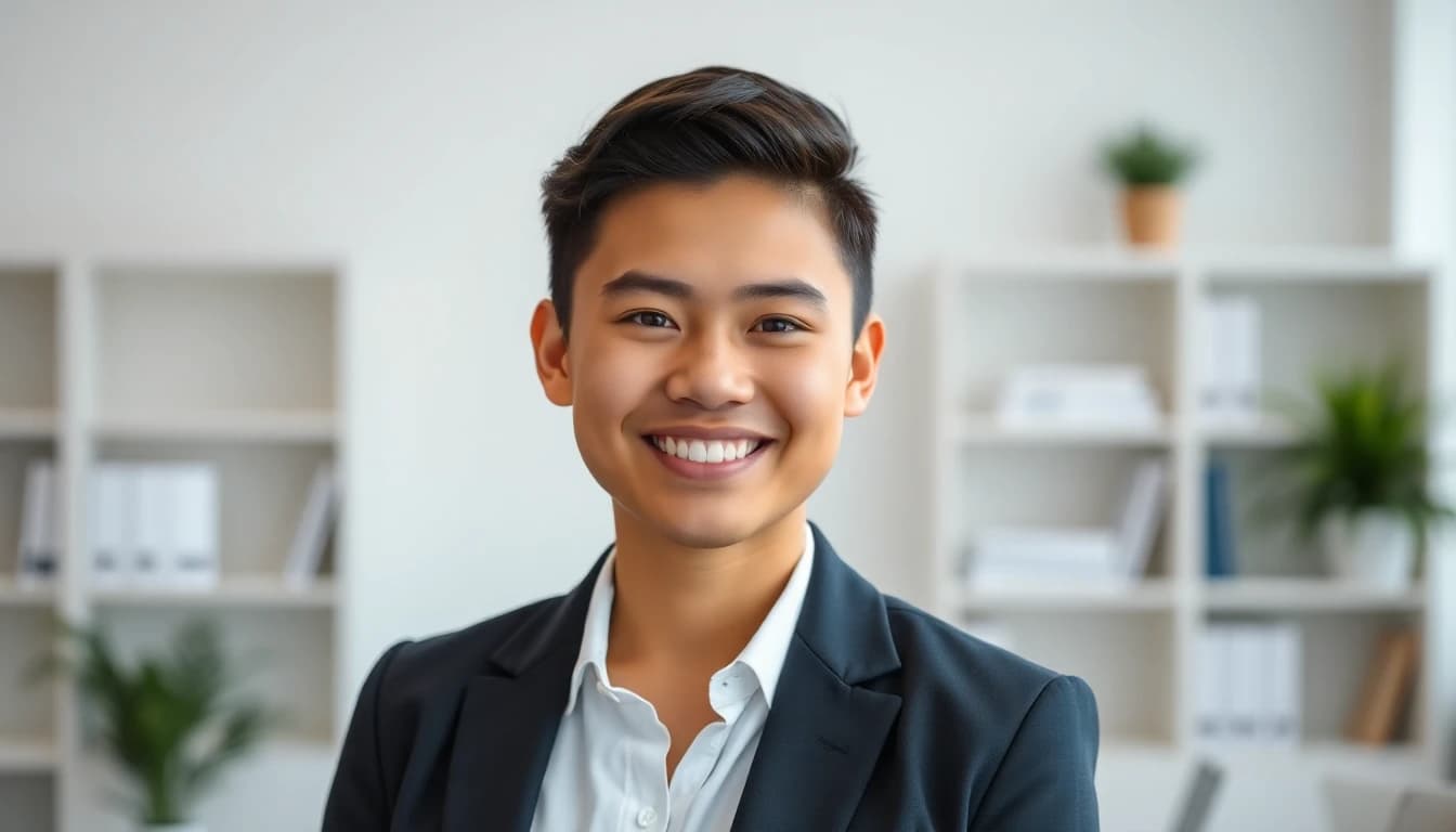 Professional headshot with warm smile and clean neutral background