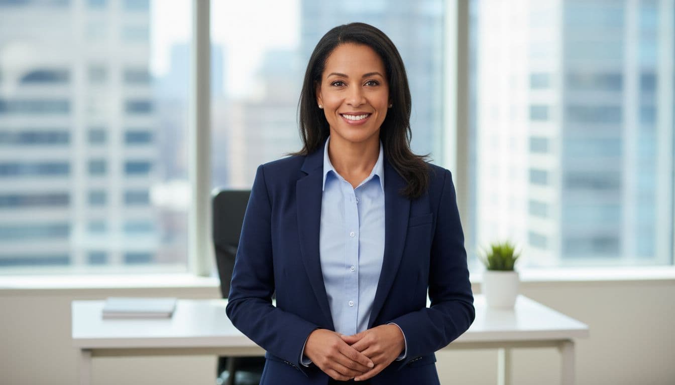 Confident real estate agent headshots subject smiling warmly in a bright modern office with a softly blurred background