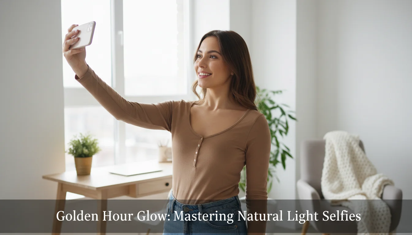 Young woman taking a well-lit selfie near a window for AI headshot generation