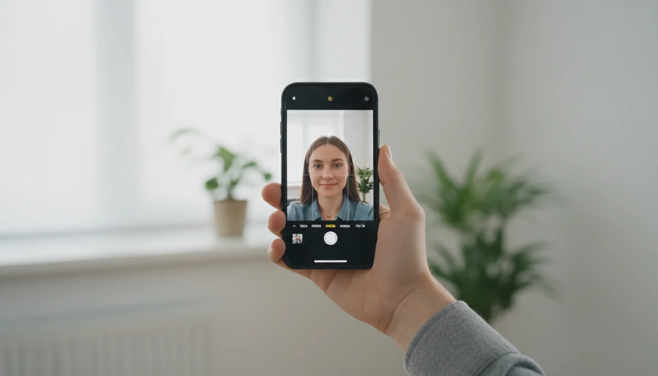 Smartphone camera ready to take a selfie for AI headshot generation
