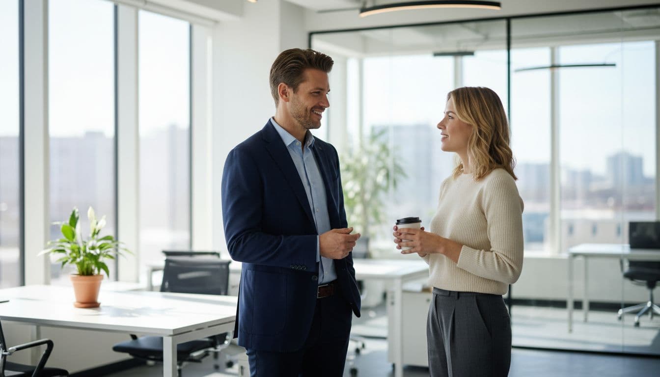 Zwei Kollegen in Business-Casual-Kleidung, einer in einem Marineblauen Blazer und einer in einem schlichten Pullover, unterhalten sich in einem hellen Büro