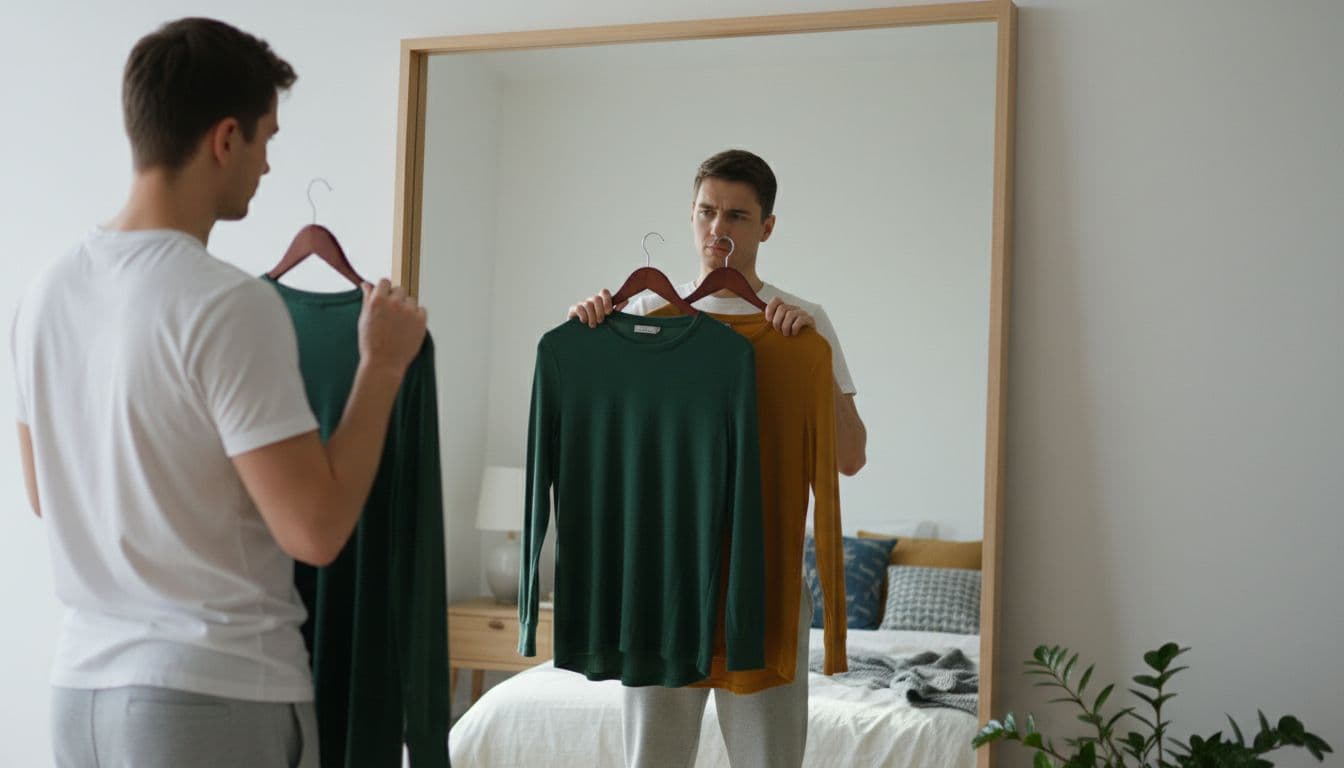 Person comparing two shirt options in a mirror while deciding what to wear for headshots at home