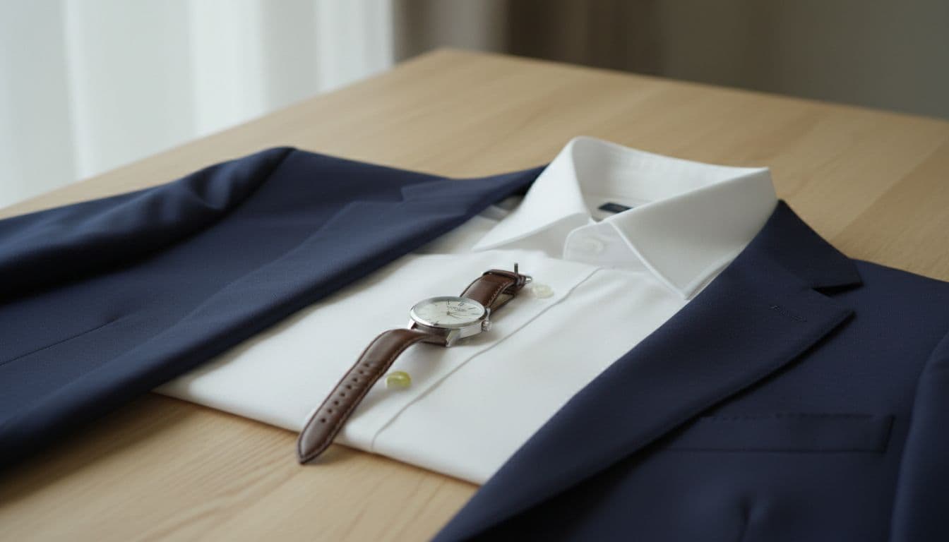 Flachlay eines Marineblauen Blazers, eines weißen Hemds mit Kragen und einer schlichten Uhr, ordentlich auf einem hellen Holztisch arrangiert