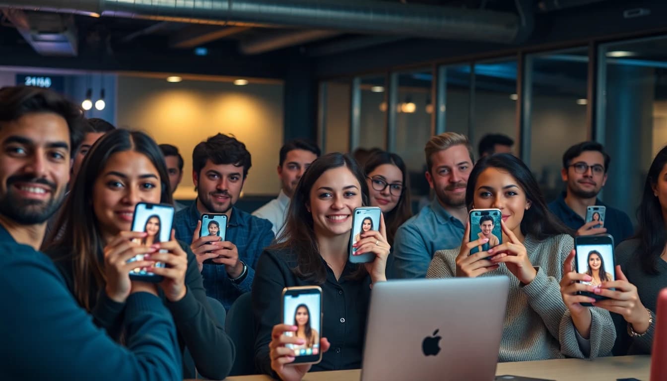 Diverse professionals students freelancers and creators using AI headshot generator on phones
